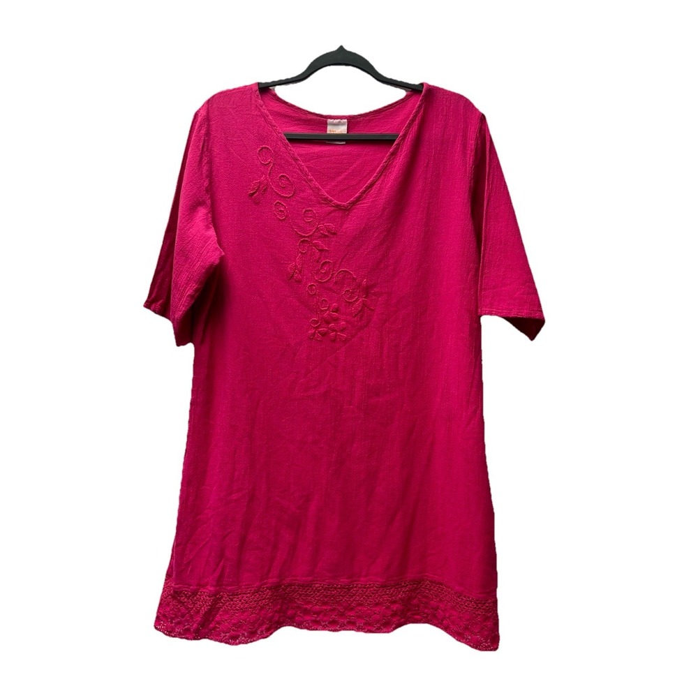 Manta Del Lago M Fucshia Gauzy Cotton Dress Embroidered Crochet Fiesta Beachy
